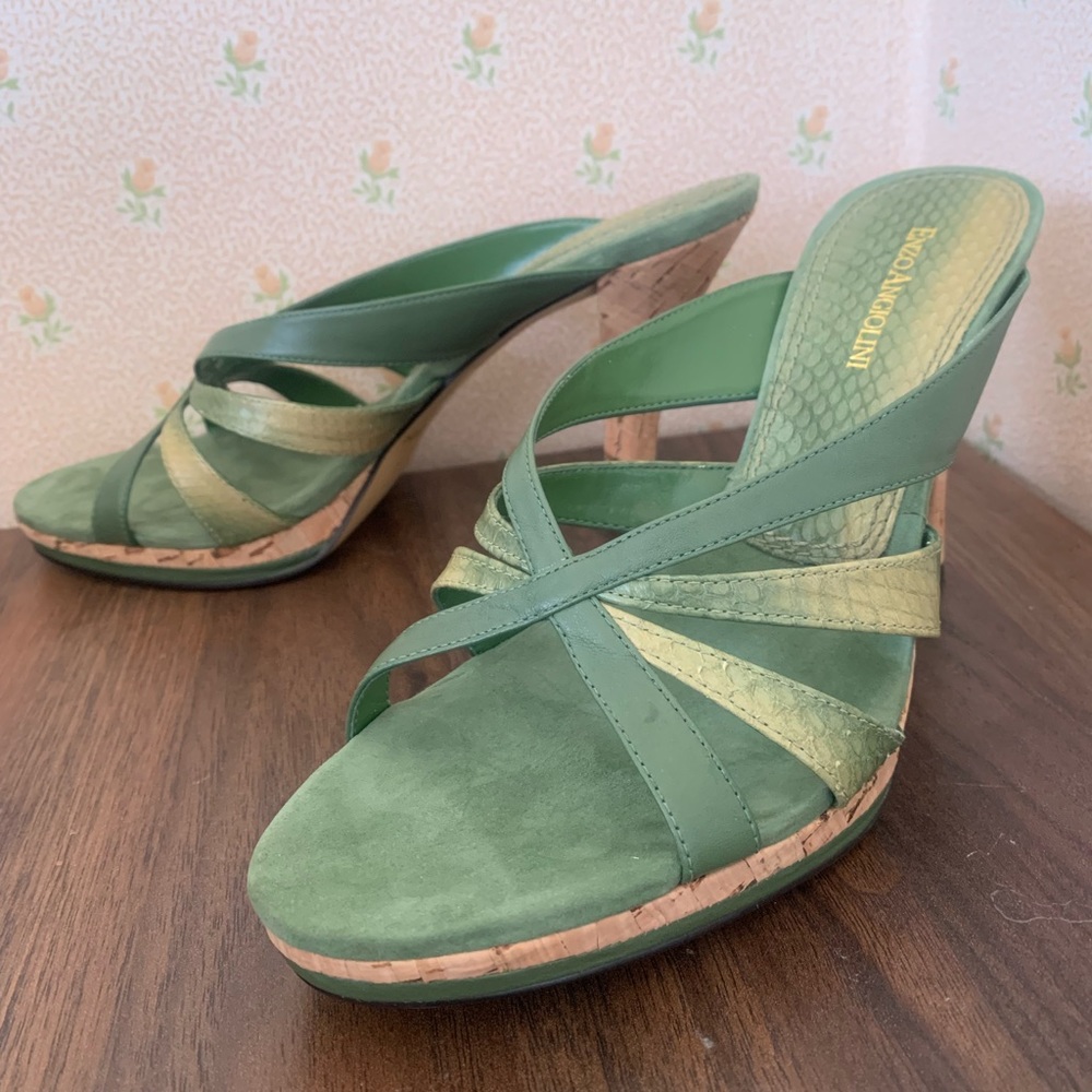 Enzo Angiolini Lime Green and Snakeskin Leather Strappy Cork Heels, Size 8 1/2